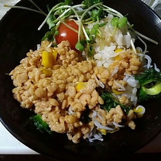 コーン納豆とゴーヤしらす丼